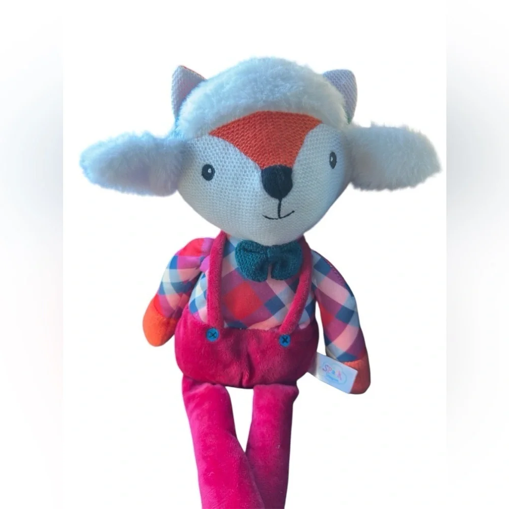 Spark imagine Adorable Plush Fox with preppy suspenders & plaid top & bow tie